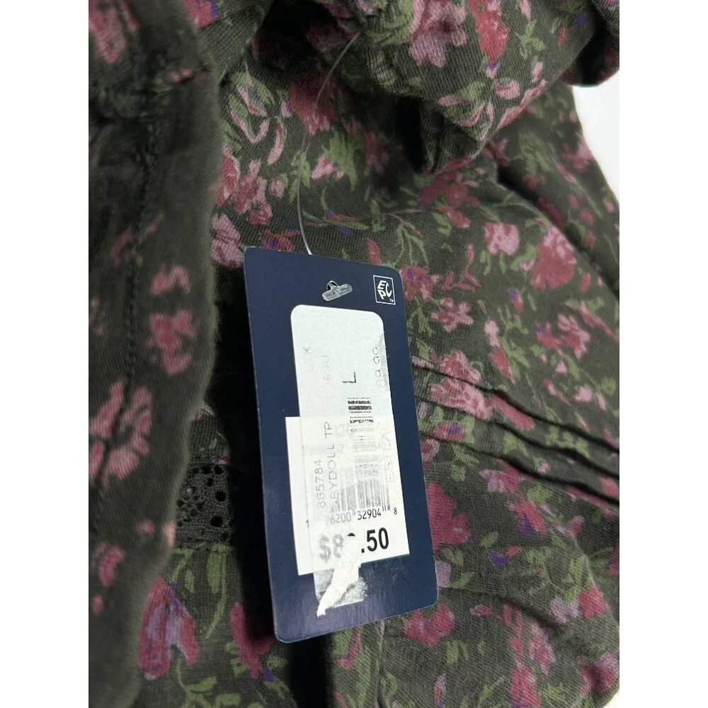 LUCKY BRAND Babydoll Top Sz L Black Pink Floral Textured Smock VNeck 100% Cotton - Picture 12 of 14